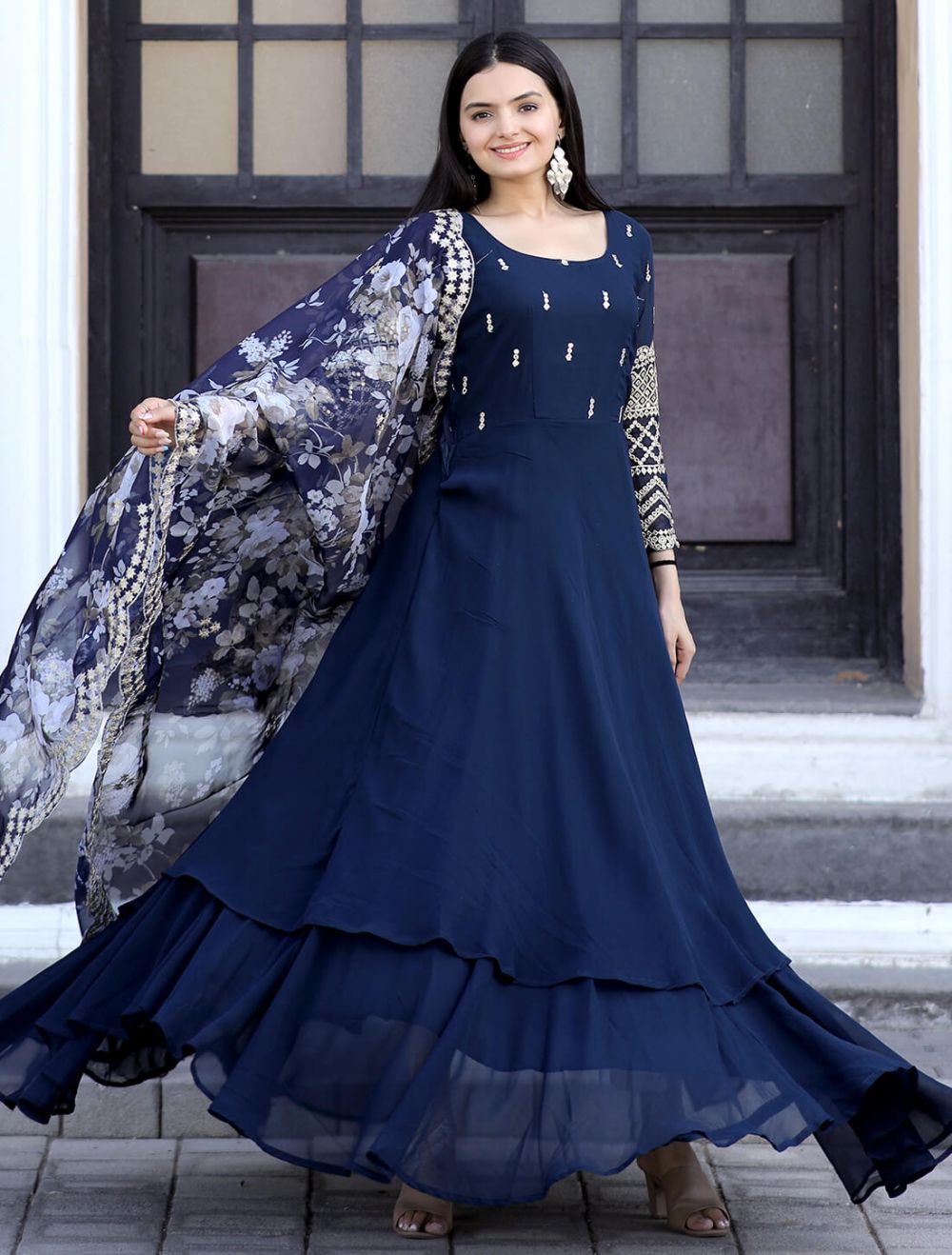 Navy Blue Georgette Gown With Embroidery And Sequins at Soch