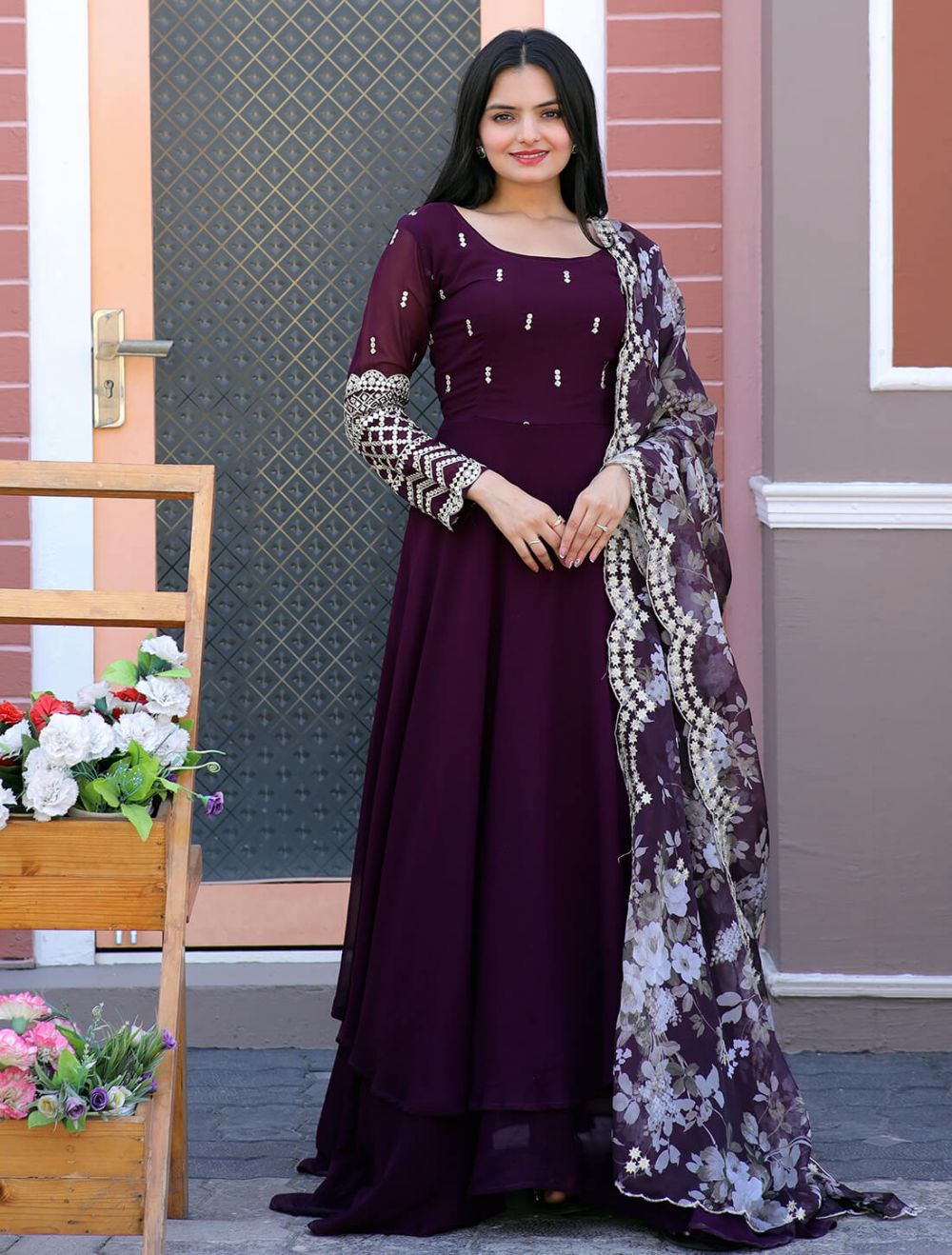 Beautiful grape wine color party wear gown with dupatta set | Coasy