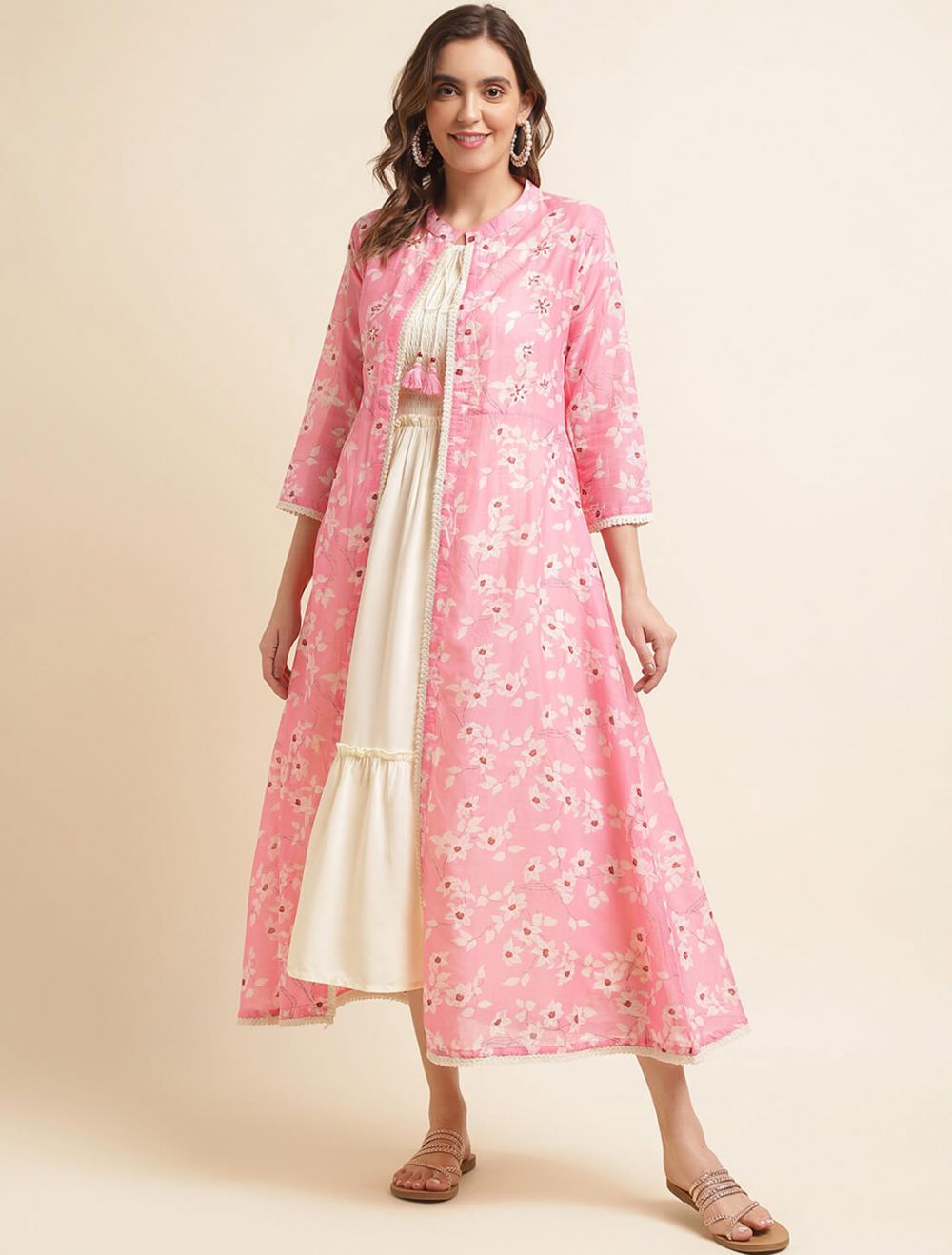 Women Multi Color Cotton Lycra Stretchable 3 Piece Shrug Dress with Coat/ Shrug