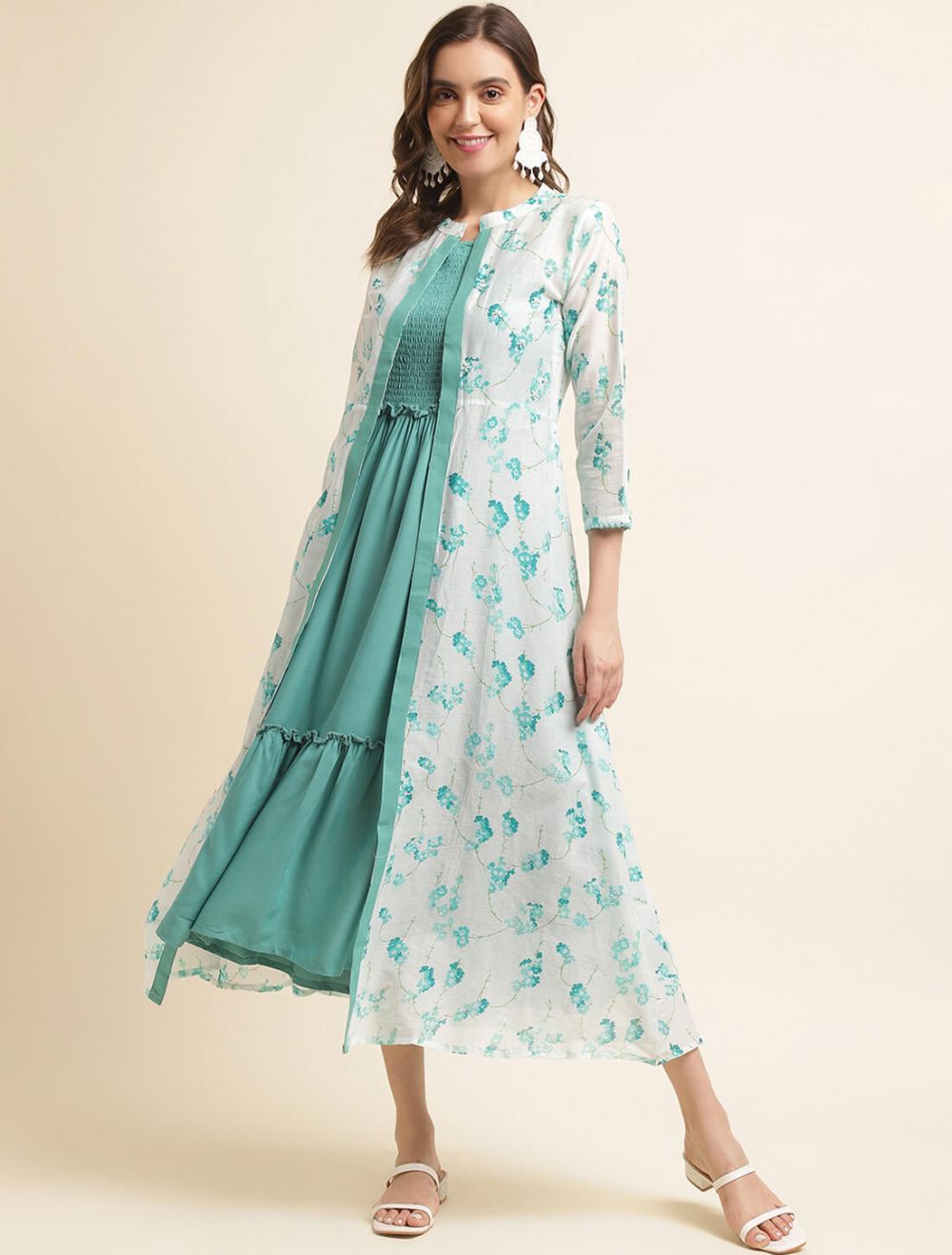 Premium shrug 2 pc dress with floral rayon smoking pattern inner paire –  www.soosi.co.in