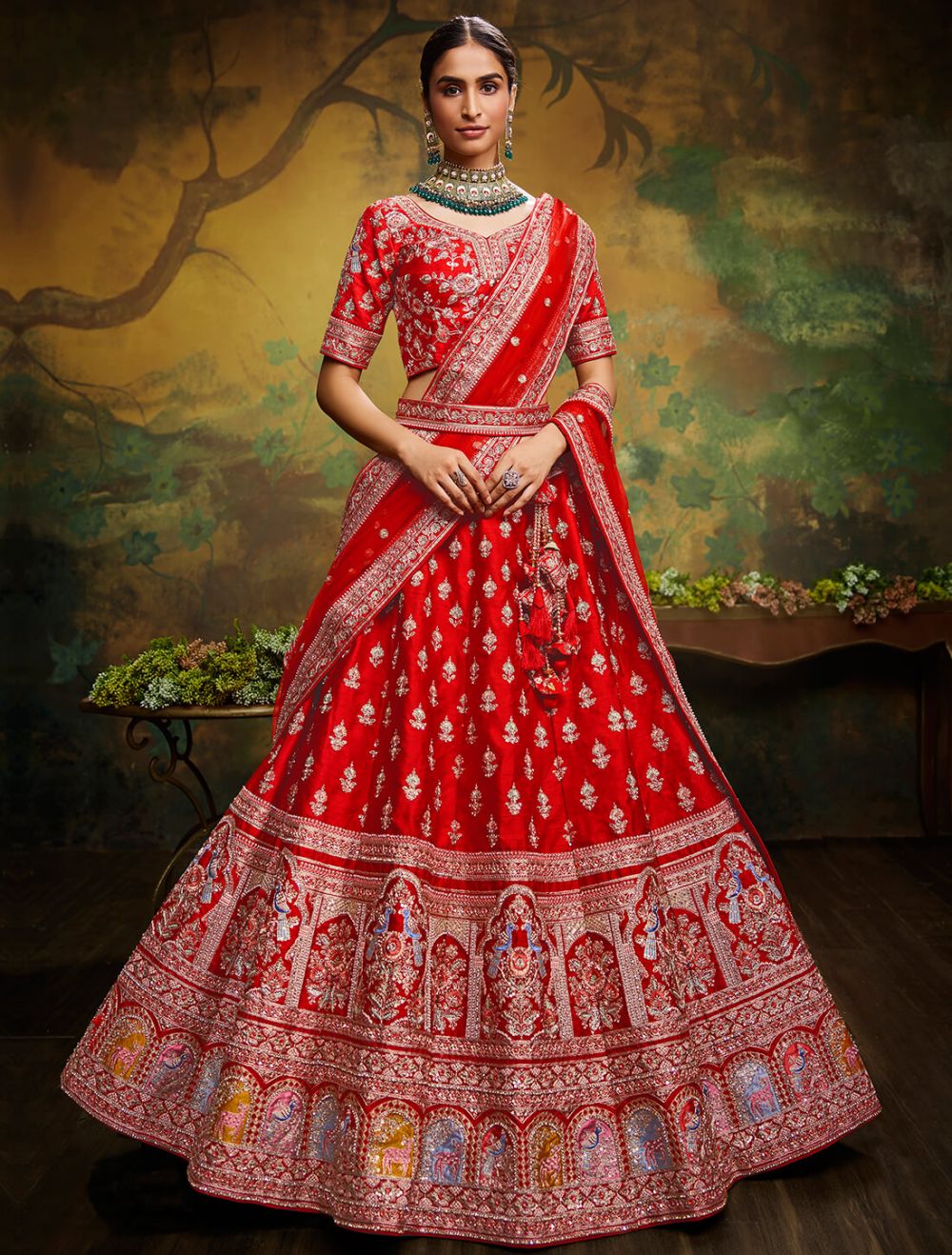 Off White Banarasi Art Silk Embroidered N Stones Umbrella Lehenga Wedding  Wear - Vasu Sarees - 3676070