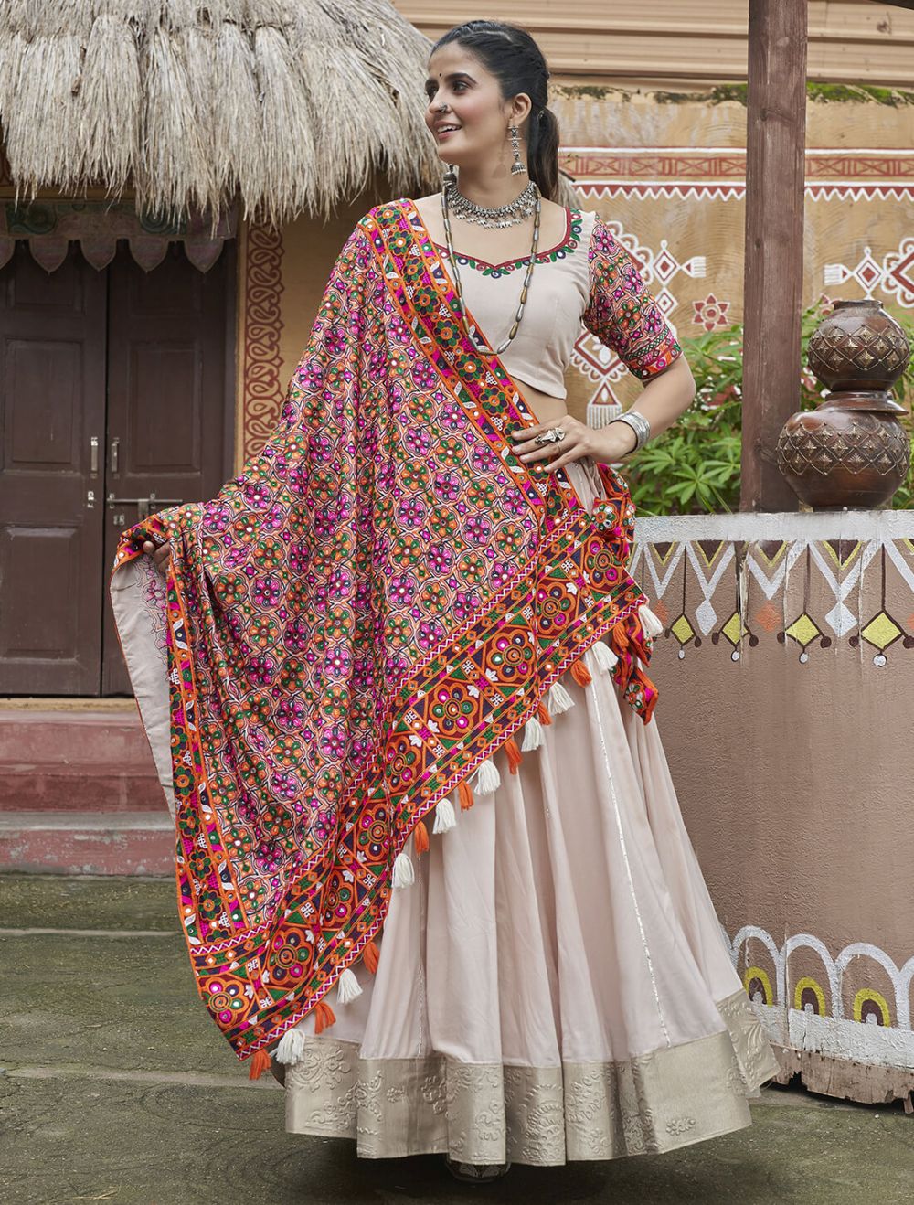 Beige Viscose Rayon Ready To Wear Chaniya Choli In Medium Online FABANZA