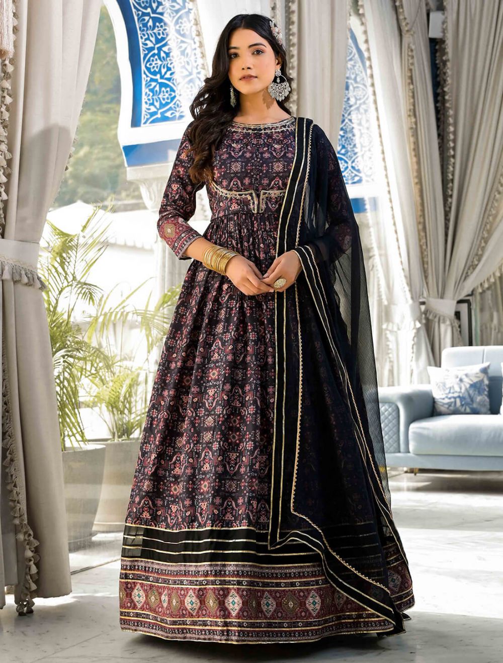 Black Georgette Embroidered Anarkali Gown With Printed Dupatta