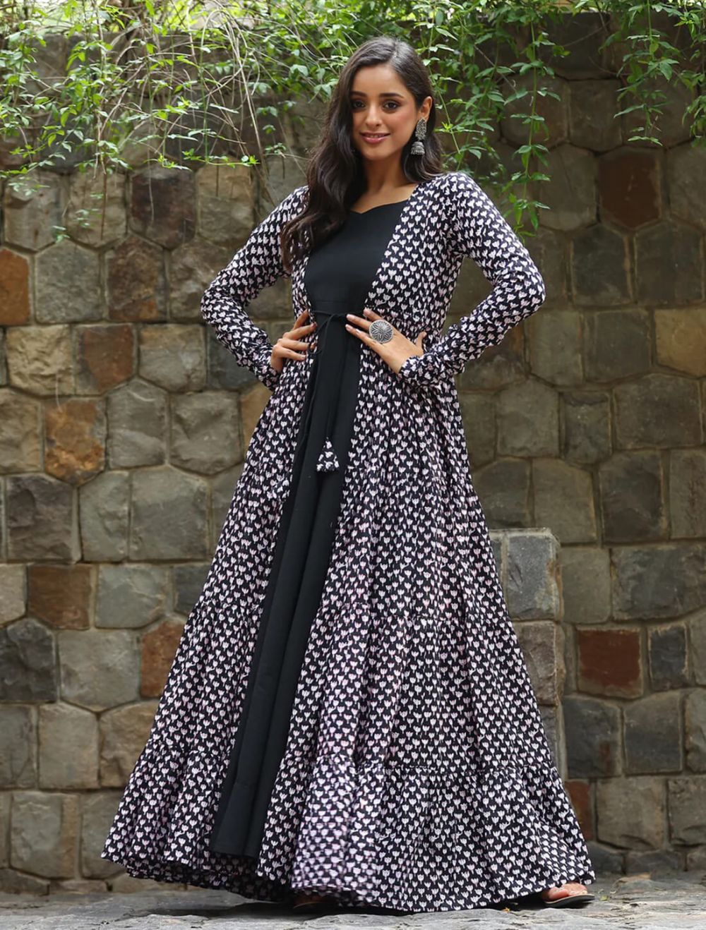 Printed Diwali Georgette Gown Dress in Black