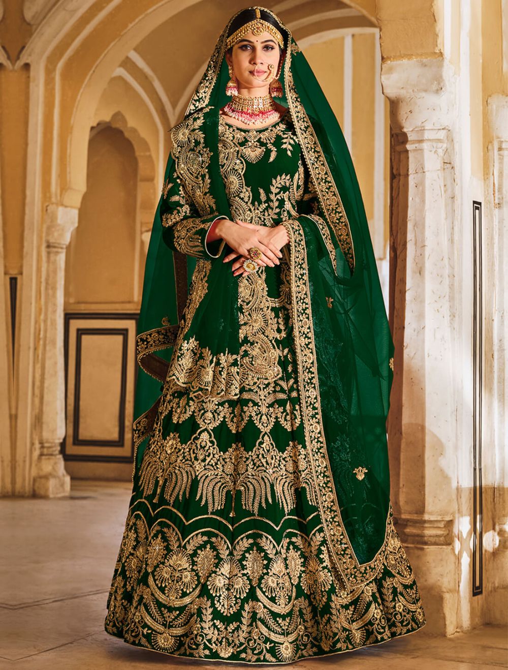 Wedding Bridal Wear Dusty Dark Green Lehenga Choli | TheIndianFab