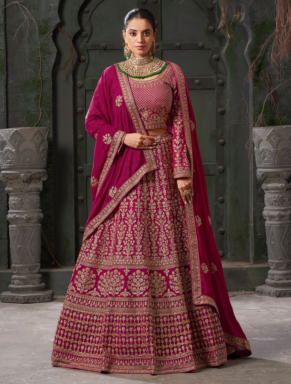 Dark Pink Premium Georgette Bridal Wear Lehenga Choli Online FABANZA