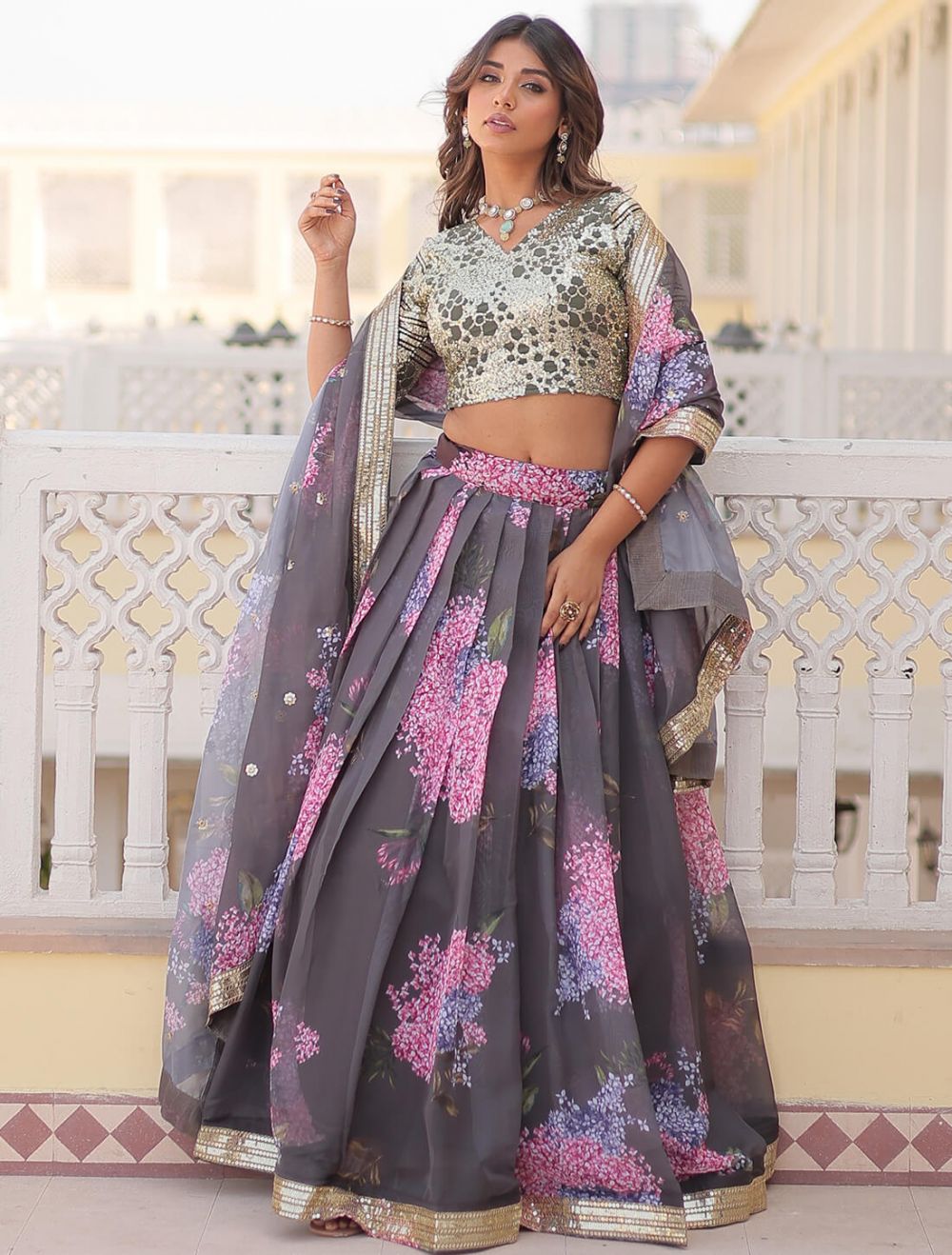 Grey Russian Silk Party Wear Lehenga Choli Online FABANZA