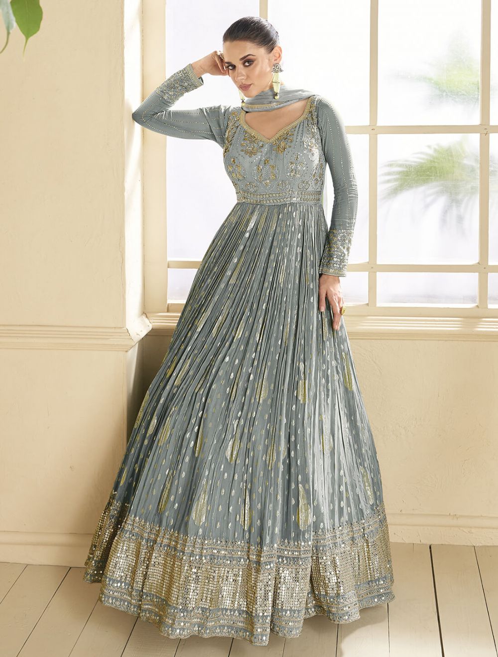 Misty Grey Georgette Semi Stitched Designer Anarkali Suit