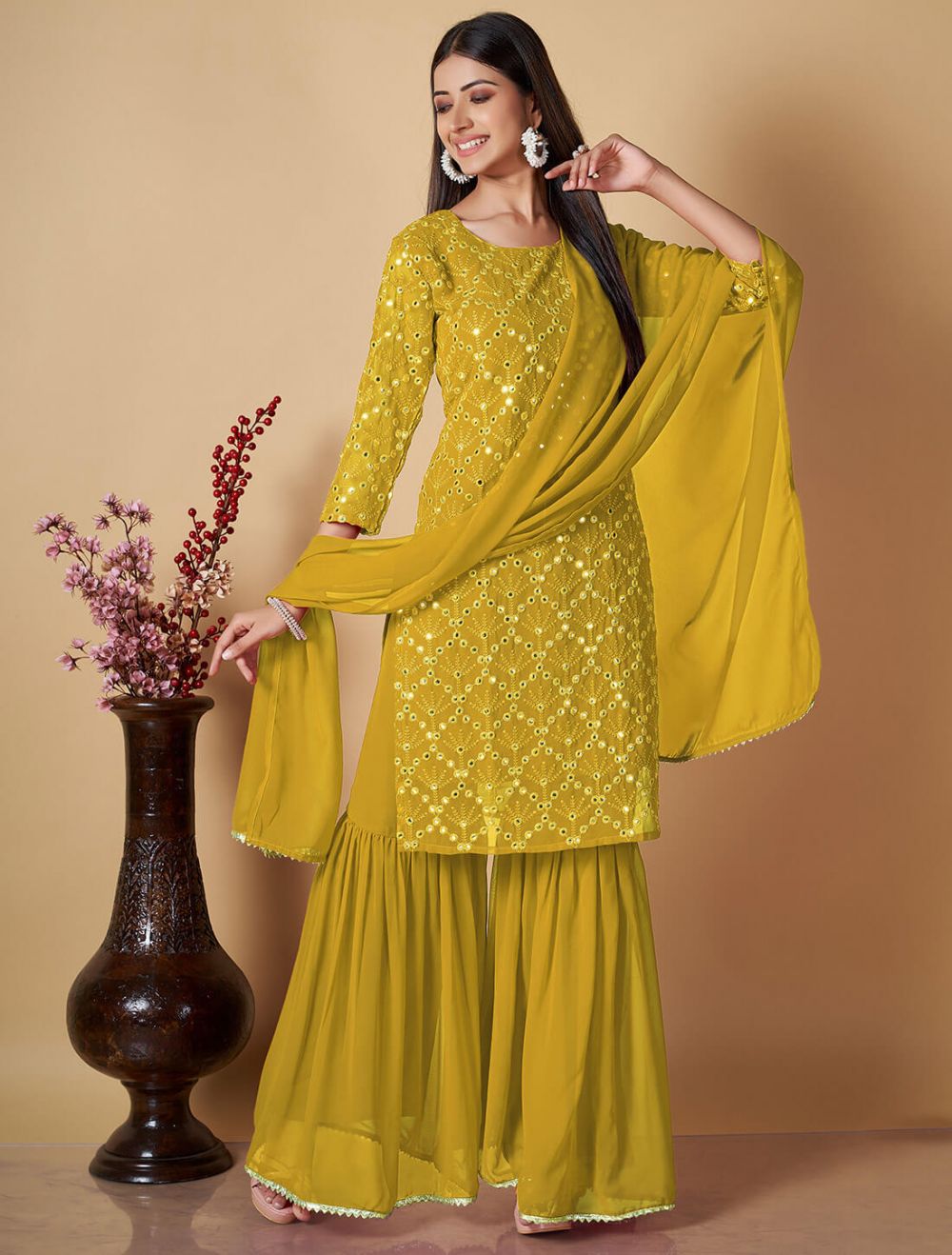 Pastel Green Pure Georgette Readymade Sharara Suit Online FABANZA