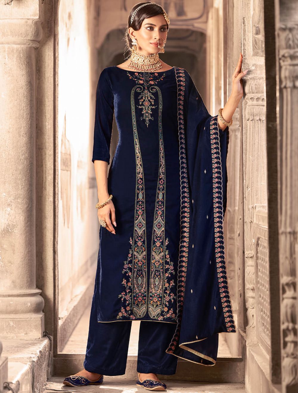 Buy Navy Blue Velvet Embroidered Designer Straight Suit | Straight Salwar  Suits
