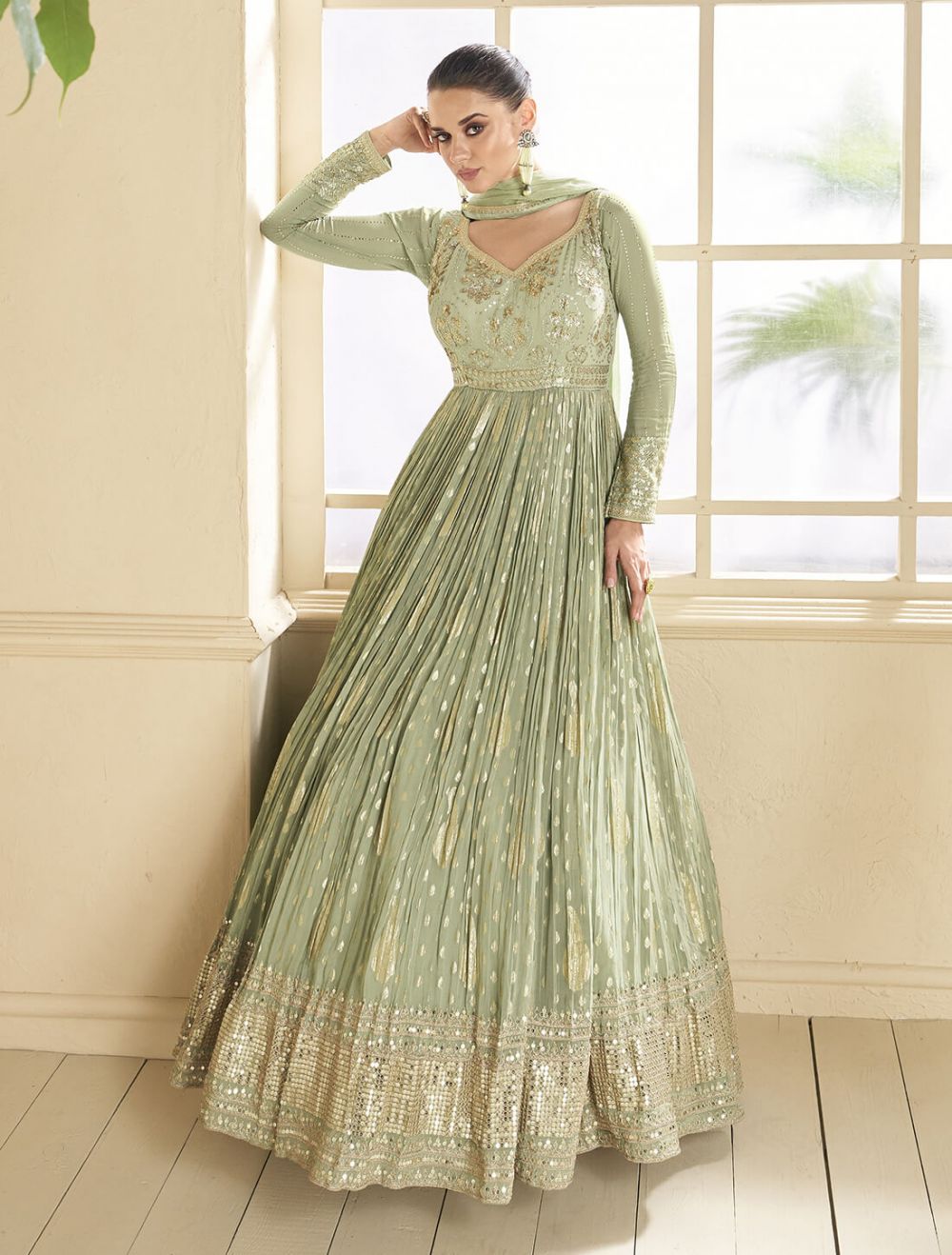 Pastel Green Georgette Semi Stitched Designer Anarkali Suit