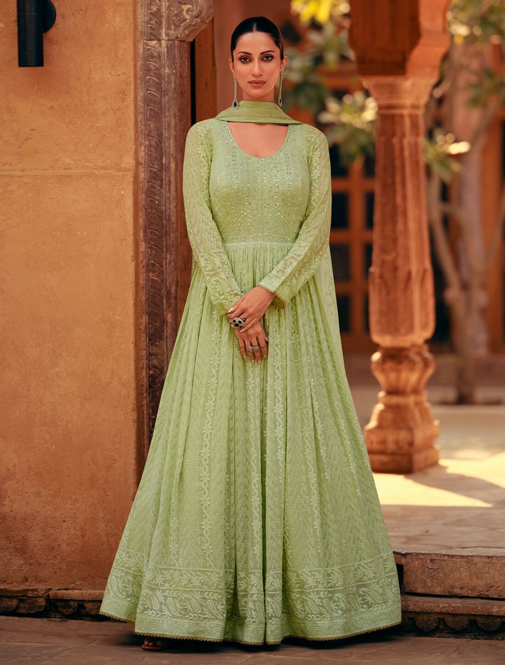 Pista Green Georgette Semi Stitched Designer Anarkali Suit