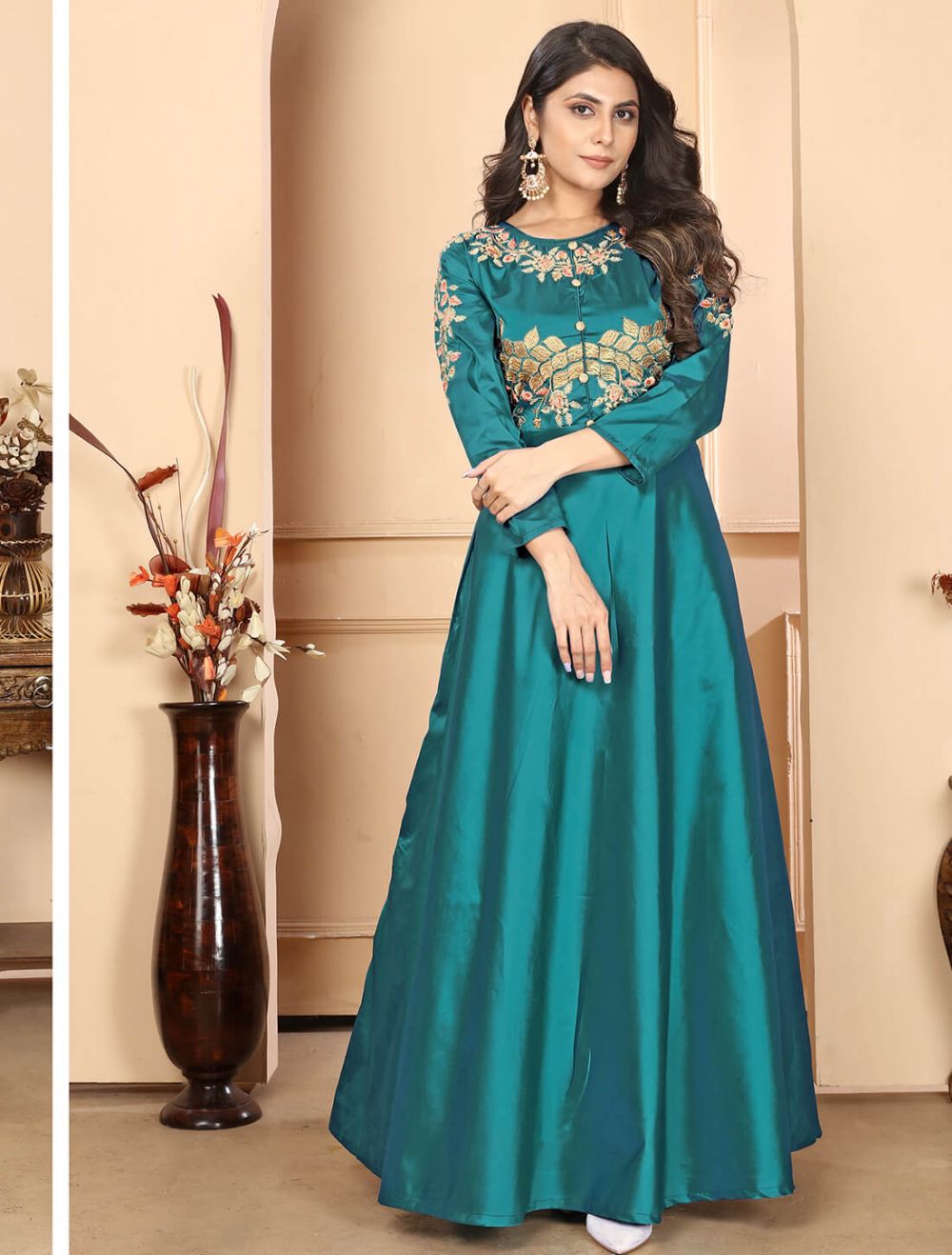 Green colour party wear gown best sale