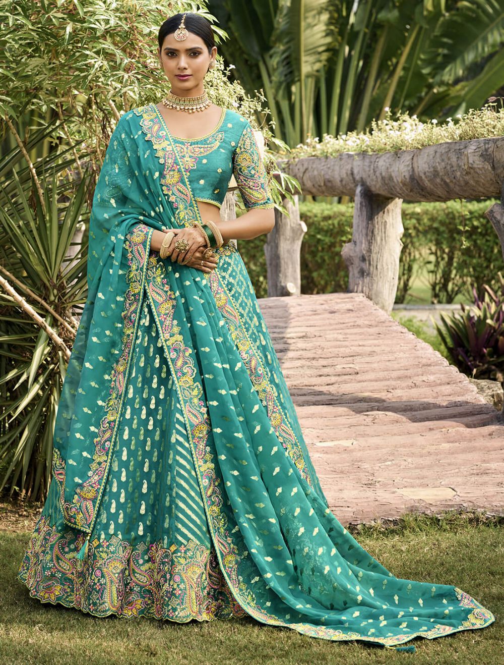 Sea Green Crepe Georgette Designer Wedding Lehenga