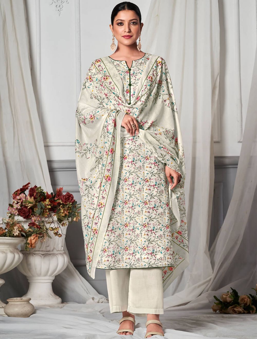 Cream Floral Print Georgette Salwar Suit - Absolutely Desi