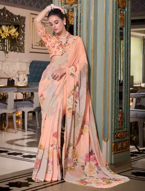 Blush Peach Georgette Saree With Pearl Lace Border FABSA22940