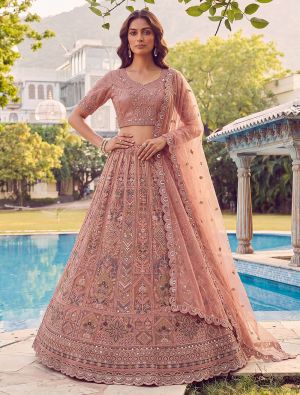 Dusty Peach Net Wedding Lehenga with Intricate Embroidery FABLE20583