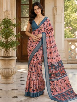 Dusty Pink Linen Silk Floral Print Saree FABSA23001
