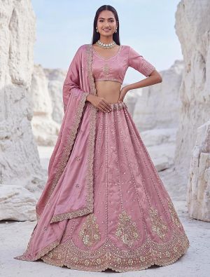 Dusty Pink Satin Silk Wedding Lehenga with Intricate Embroidery FABLE20589