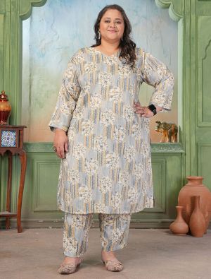light grey rayon slub plus size kurta pant set fabku21245