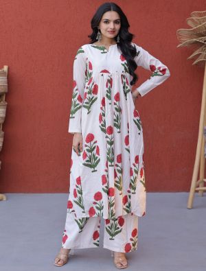 off white cotton printed kurta palazzo set fabku21228