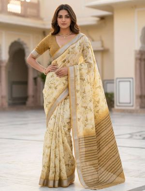 Pastel Yellow Linen Silk Floral Print Saree FABSA22999