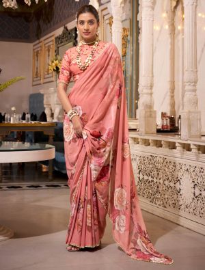Peachy Pink Georgette Saree With Pearl Lace Border FABSA22942