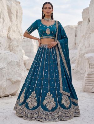 Peacock Blue Satin Silk Wedding Lehenga with Intricate Embroidery FABLE20591
