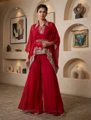 red viscose chinon embroidered kaftan palazzo set fabku21234