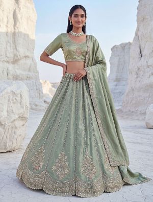 Sage Green Satin Silk Wedding Lehenga with Intricate Embroidery FABLE20587