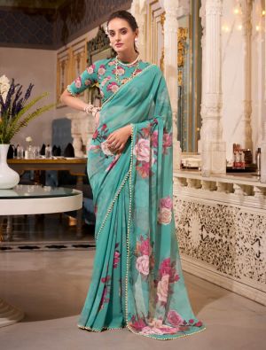 Sea Green Georgette Saree With Pearl Lace Border FABSA22944
