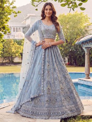 Sky Blue Net Wedding Lehenga with Intricate Embroidery FABLE20584