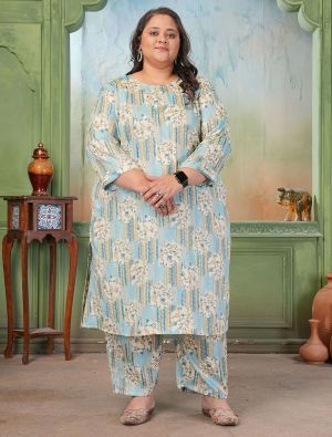 sky blue rayon slub plus size kurta pant set fabku21247