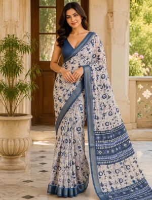 Soft Blue Linen Silk Floral Print Saree FABSA23000
