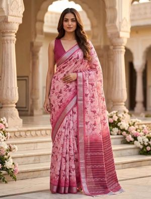 Soft Pink Linen Silk Floral Print Saree FABSA22998