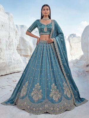 Teal Blue Satin Silk Wedding Lehenga with Intricate Embroidery FABLE20588