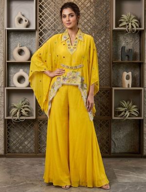 yellow viscose chinon embroidered kaftan palazzo set fabku21232