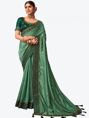 Aqua Green Embroidered Vichitra Silk Party Wear Designer Saree small FABSA21423