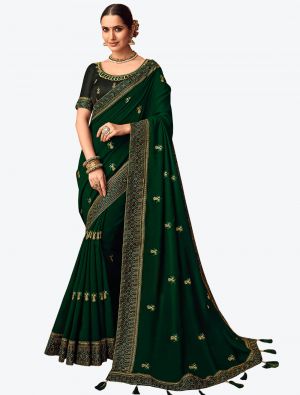 Bottle Green Embroidered Vichitra Silk Party Wear Designer Saree small FABSA21425