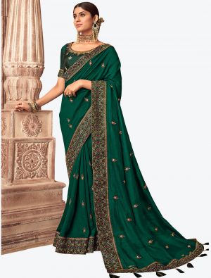 Dark Green Embroidered Vichitra Silk Party Wear Designer Saree small FABSA21421
