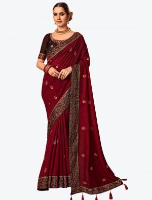 Dark Red Embroidered Vichitra Silk Party Wear Designer Saree small FABSA21426