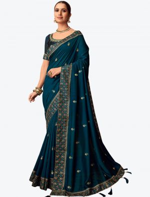 Dark Teal Embroidered Vichitra Silk Party Wear Designer Saree FABSA21420