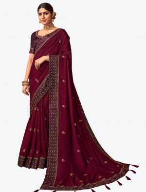 Deep Wine Embroidered Vichitra Silk Party Wear Designer Saree small FABSA21424