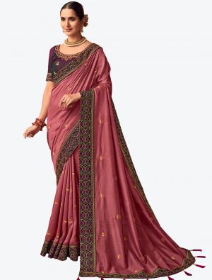 Onion Pink Embroidered Vichitra Silk Party Wear Designer Saree small FABSA21422