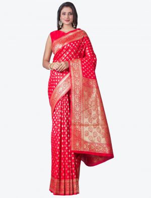 Bright Red Soft Lichi Silk Festive Wear Designer Saree small FABSA21443