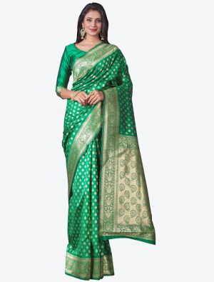 Lush Green Soft Lichi Silk Festive Wear Designer Saree small FABSA21439