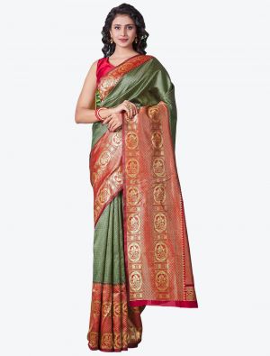 Patterned Green Soft Lichi Silk Festive Wear Designer Saree small FABSA21437