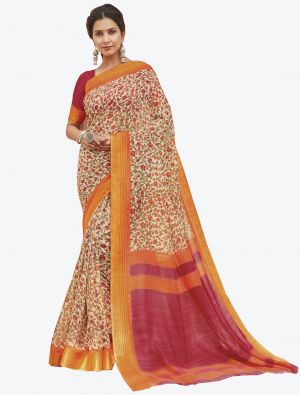 Orange Linen Cotton Designer Saree small FABSA20675